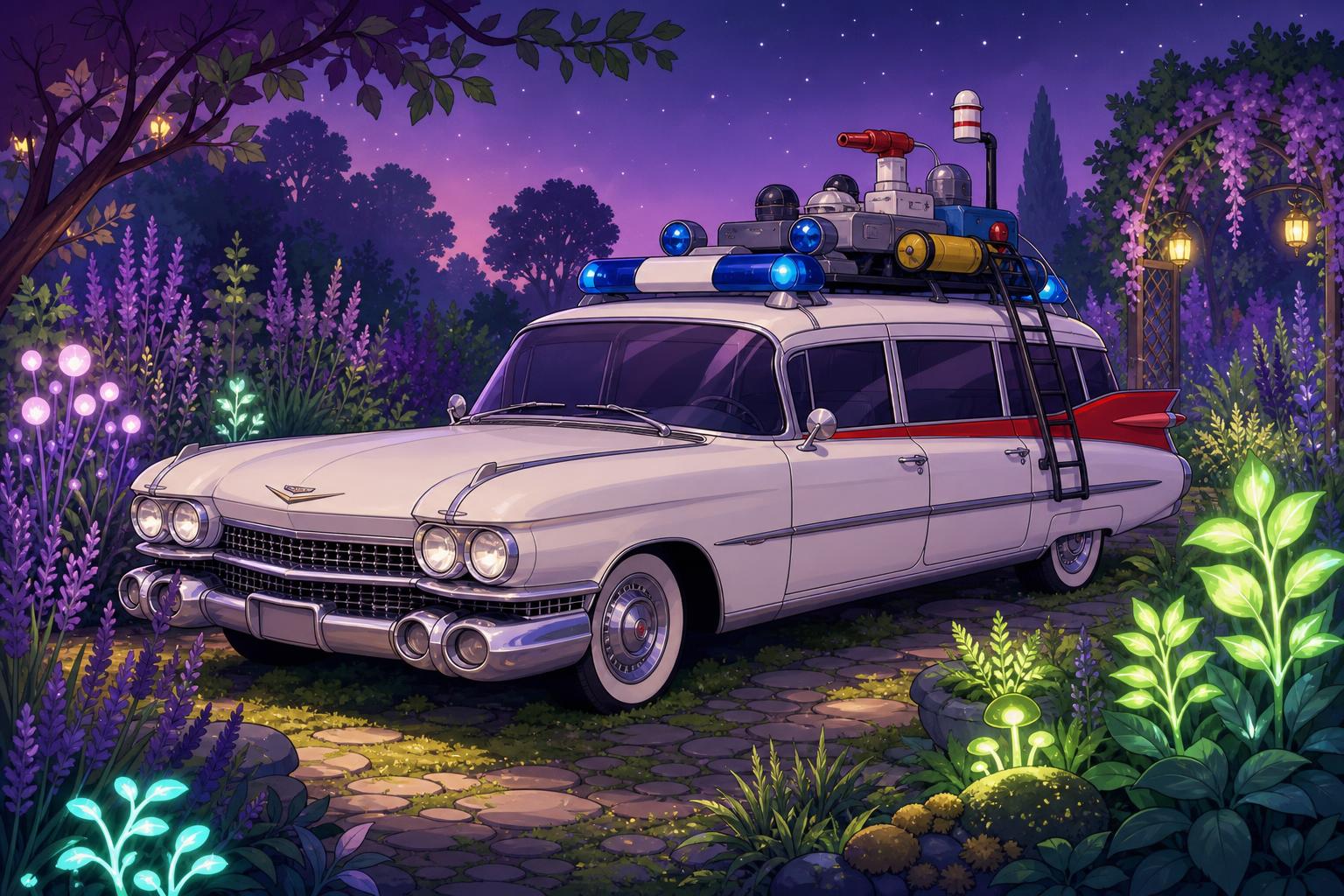 Ecto-1 parked in a sensory garden at twilight
